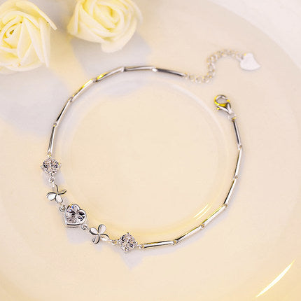 S925 Sterling Silver Heart Clover Bracelet Jewelry