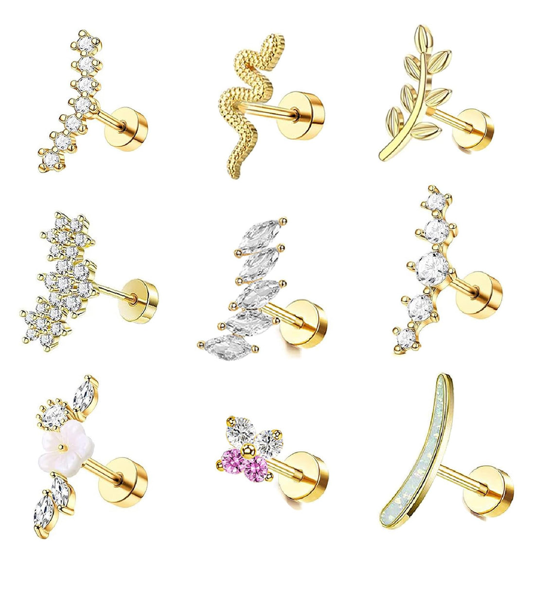 10 PCS 16G 20G Cartilage Earrings Helix Piercing Stainless Steel Opal CZ