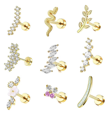 10 PCS 16G 20G Cartilage Earrings Helix Piercing Stainless Steel Opal CZ
