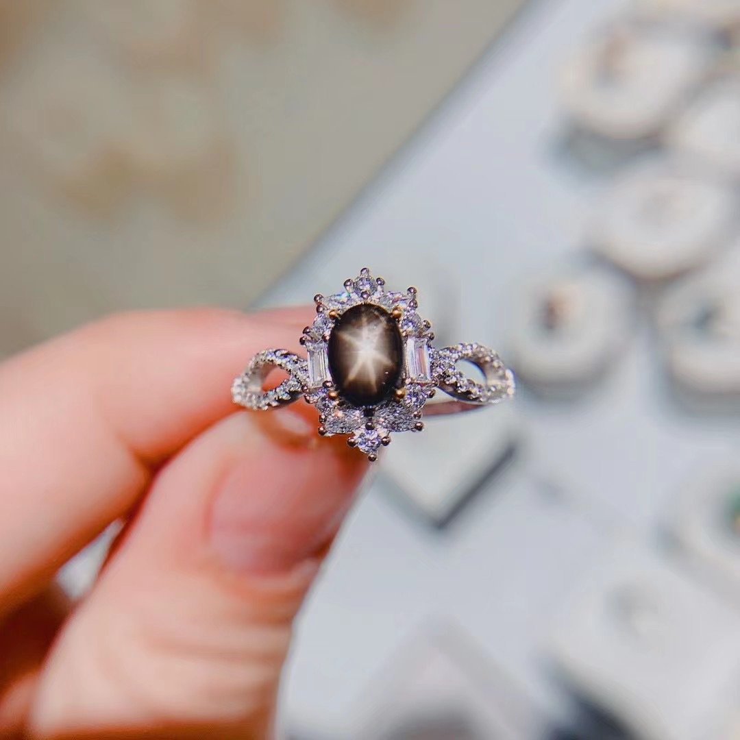 Natural Star Sapphire 925 Silver Inlaid Ring