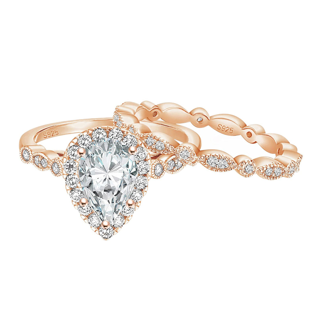 EAMTI 1.25CT Pear-Shaped CZ Bridal Set in Rose Gold Sterling