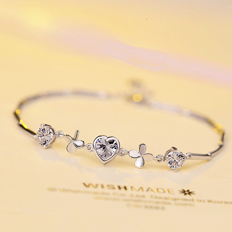 S925 Sterling Silver Heart Clover Bracelet Jewelry